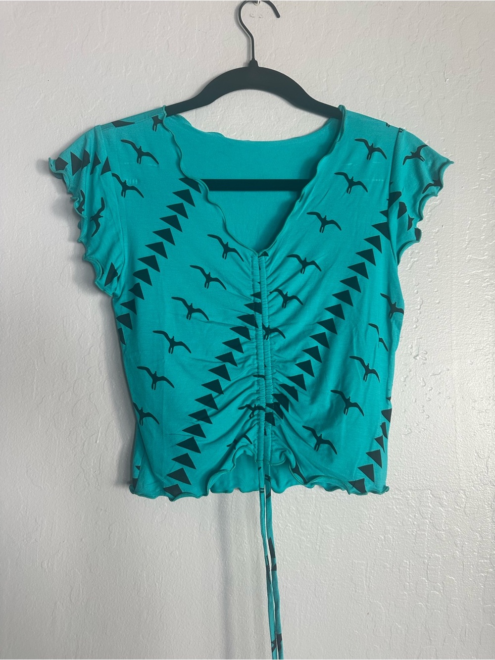 Turquoise Ruched Drawstring V-Neck Women's Top